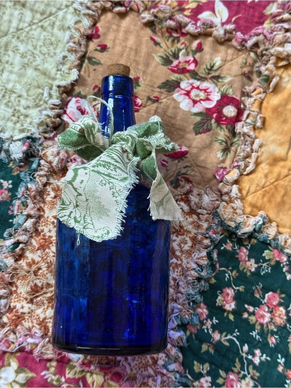 Vintage Cobalt Blue Glass Bottle with Green Fabric Bow - Picture 6 of 6